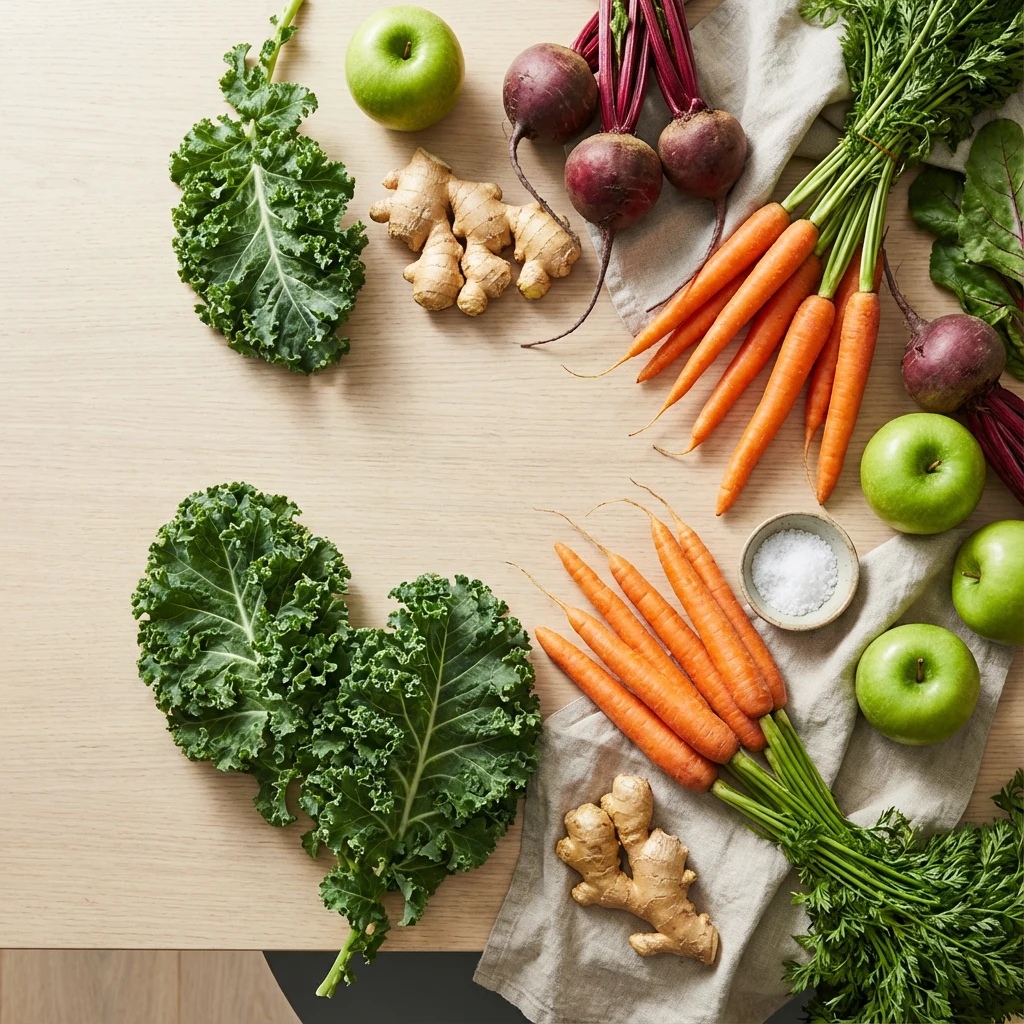 Fresh kale, carrots, apples, beets and ginger arranged for a juicing lesson